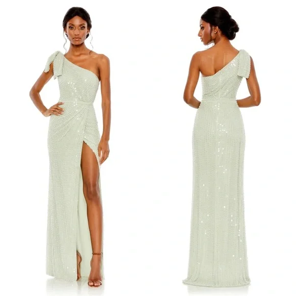 Mac Duggal 93735 Pearl Embellished Soft Tie One Shoulder Gown Size 4 NWT Mint - Picture 1 of 5